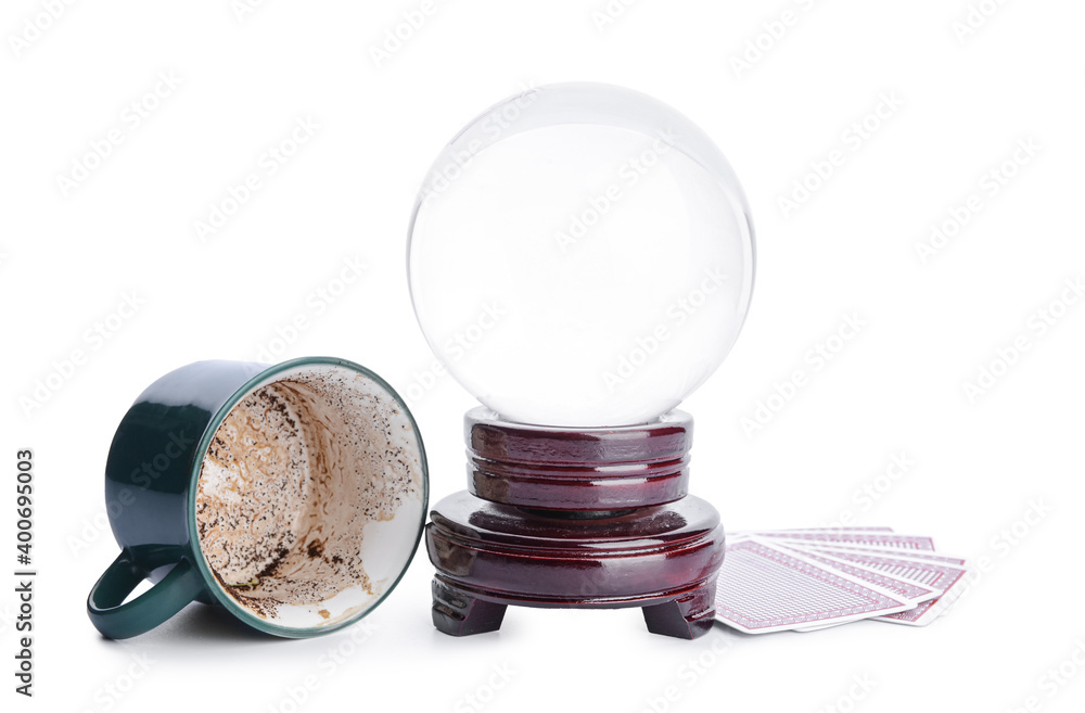 Accessories of fortune teller on white background