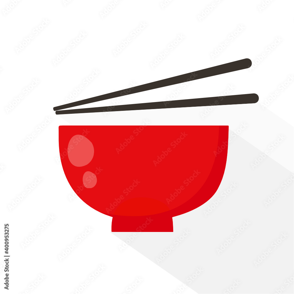 Red bowl with chopsticks icon isolated on white background vector illustration.