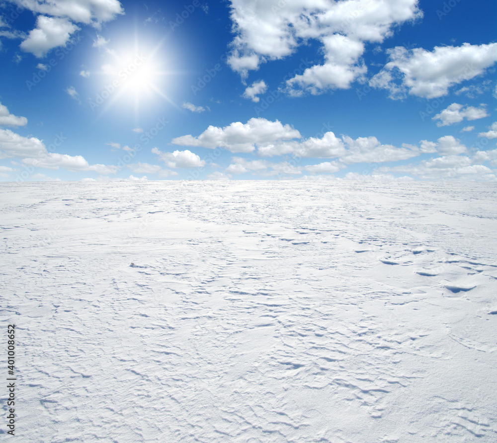 天空和阳光下白雪皑皑的田野。