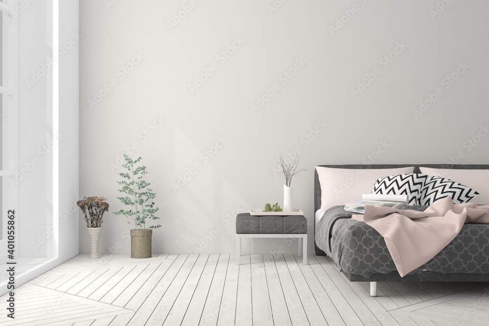 White bedroom interior. Scandinavian design. 3D illustration