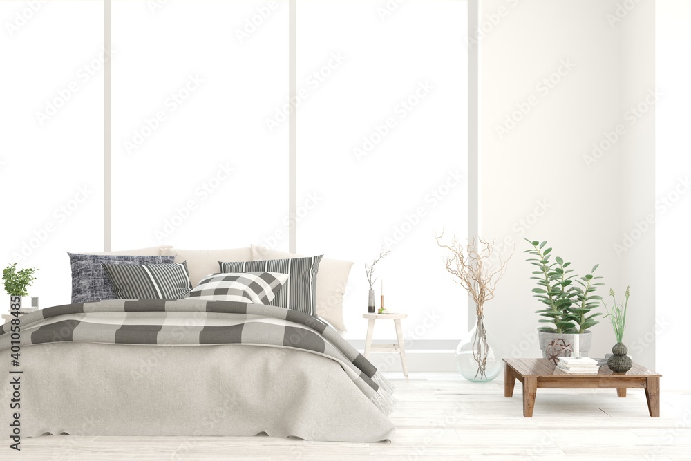 White bedroom interior. Scandinavian design. 3D illustration