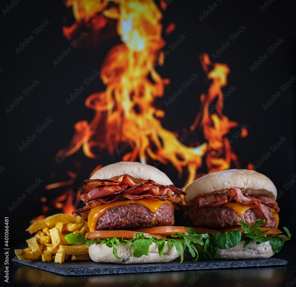 hamburgers with fries with plate