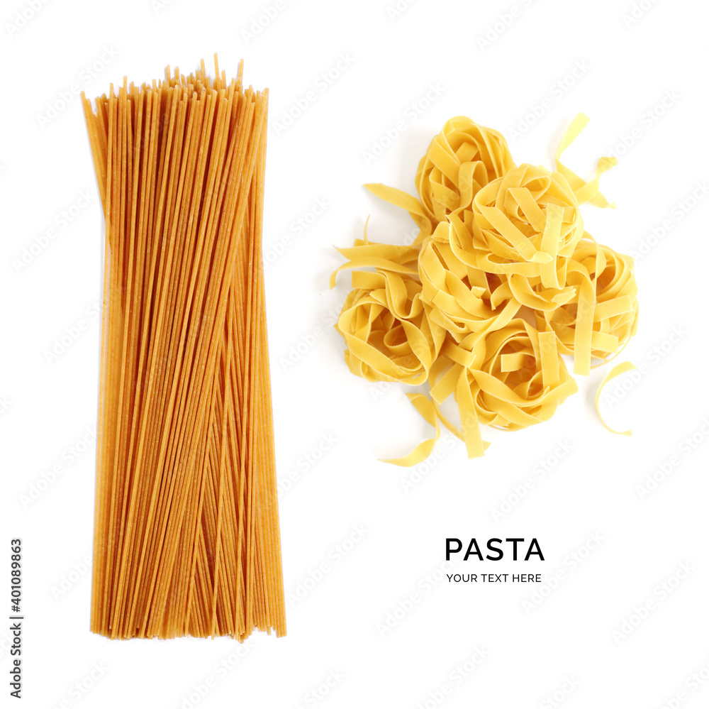 Creative layout made of pasta on white background. Flat lay. Food concept. 