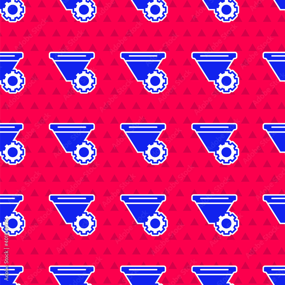 Blue Filter setting icon isolated seamless pattern on red background. Vector.