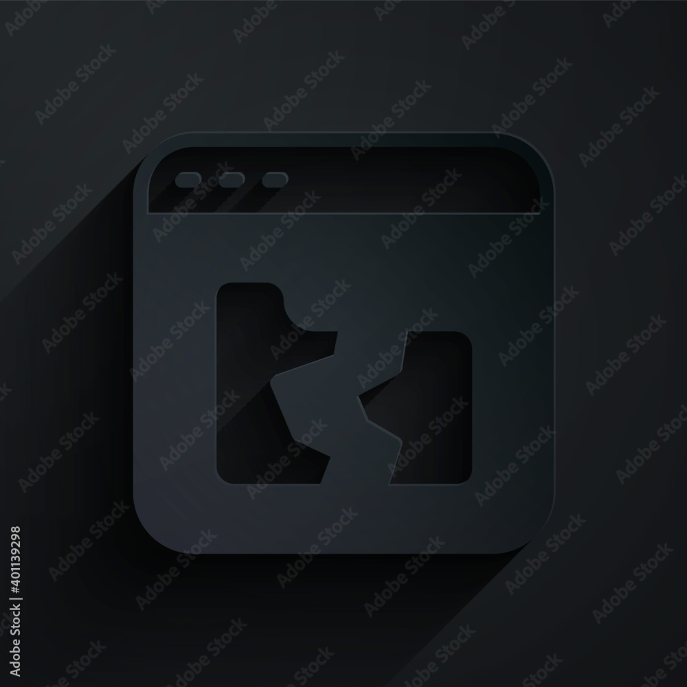 Paper cut Broken file icon isolated on black background. Paper art style. Vector.