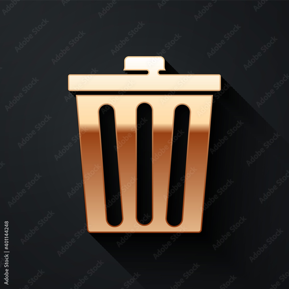 Gold Trash can icon isolated on black background. Garbage bin sign. Recycle basket icon. Office tras