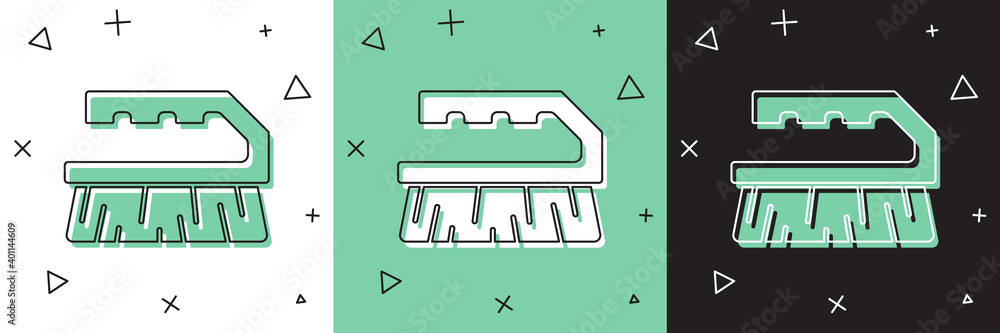 设置Brush用于清洁图标，隔离在白色和绿色，黑色背景上。矢量。