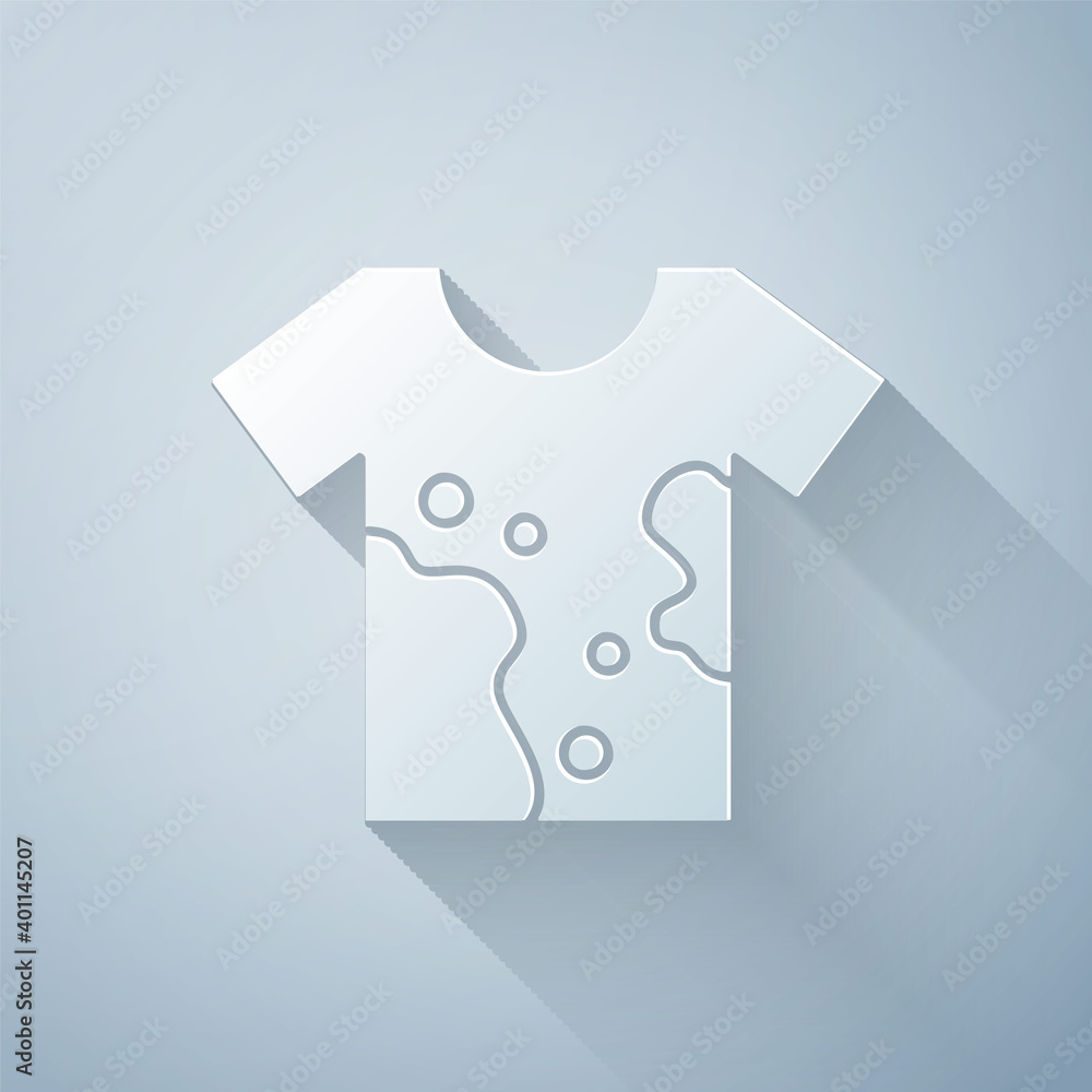 Paper cut Dirty t-shirt icon isolated on grey background. Paper art style. Vector.