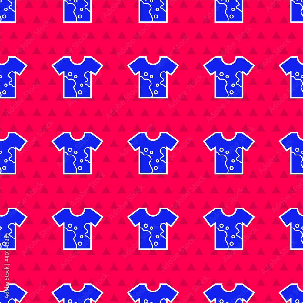 Blue Dirty t-shirt icon isolated seamless pattern on red background. Vector.