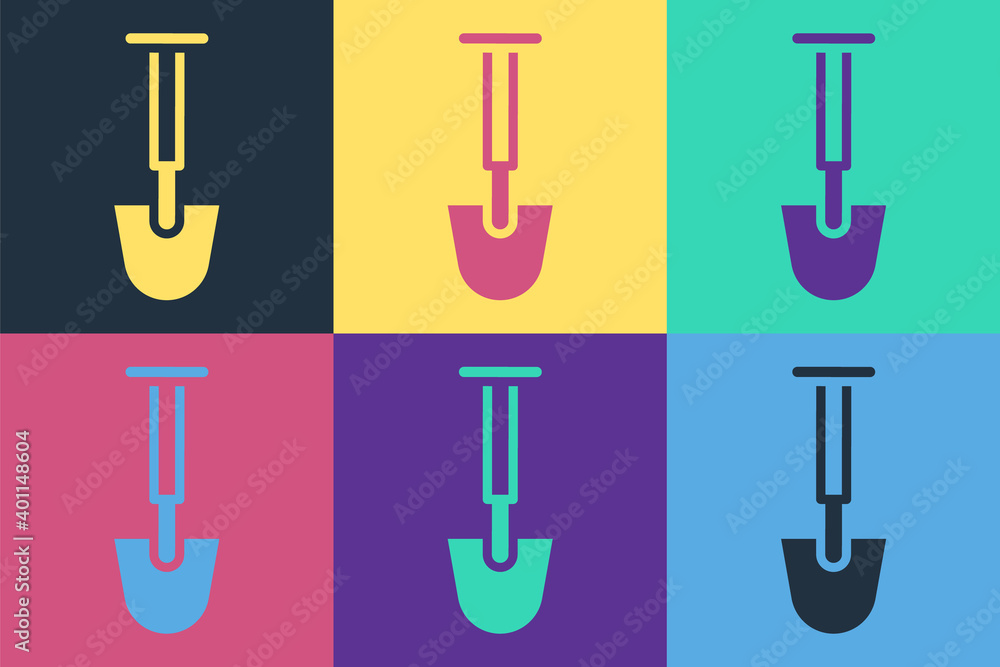 Pop art Shovel icon isolated on color background. Gardening tool. Tool for horticulture, agriculture