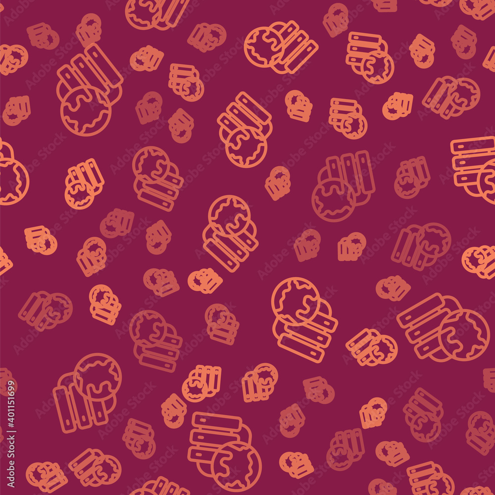 Brown line Network cloud connection icon isolated seamless pattern on red background. Social technol