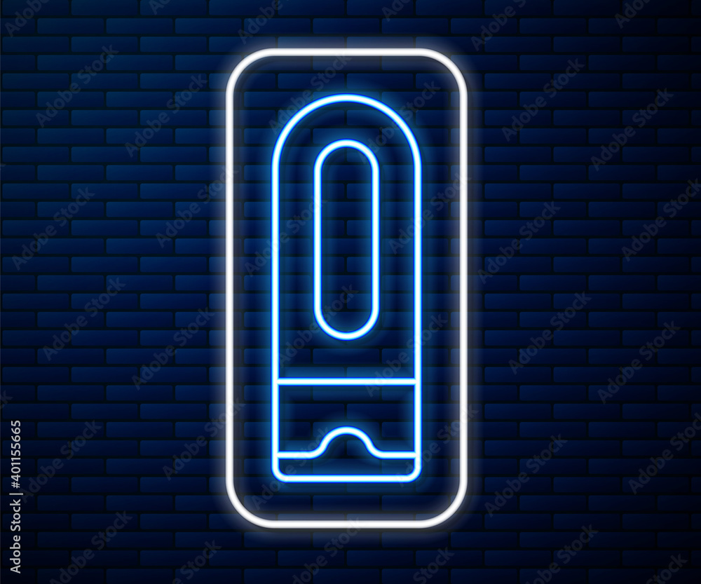 Glowing neon line Bottle of shampoo icon isolated on brick wall background. Vector.