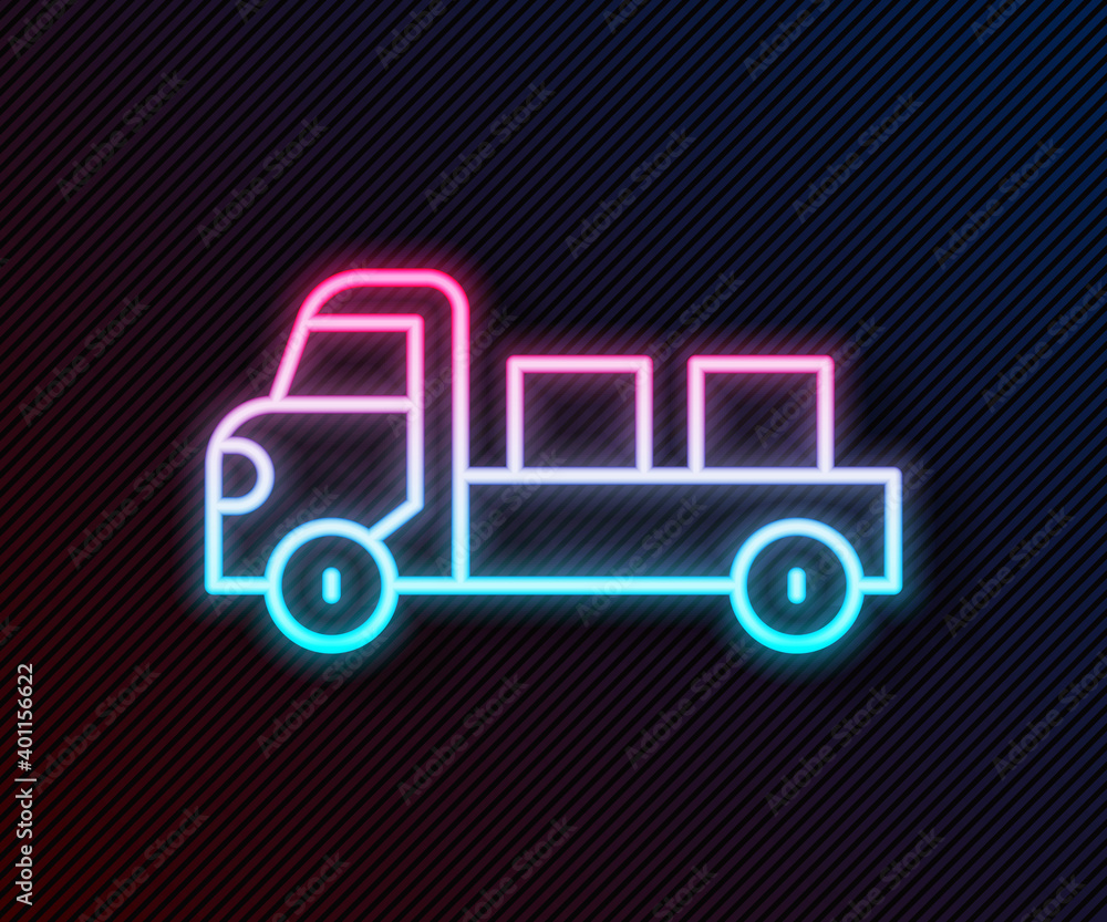 Glowing neon line Pickup truck icon isolated on black background. Vector.