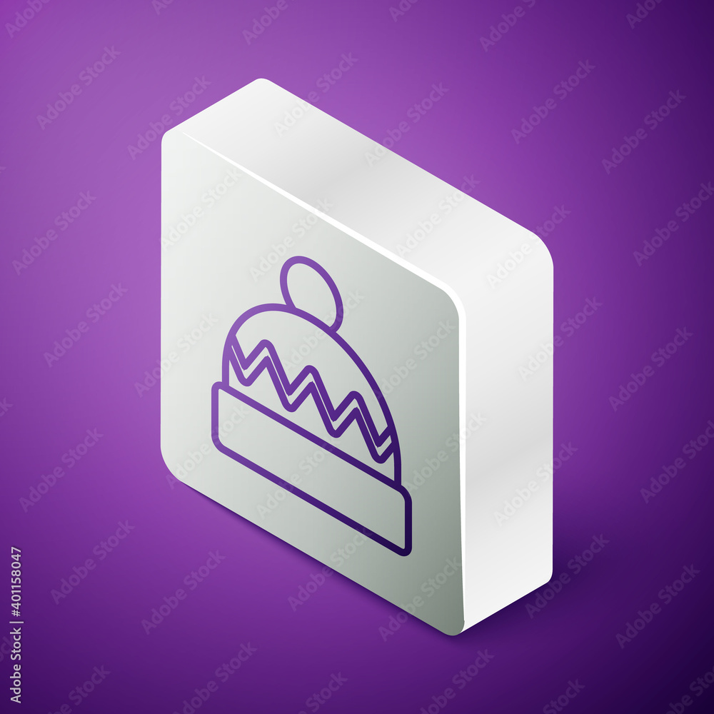 Isometric line Winter hat icon isolated on purple background. Silver square button. Vector.