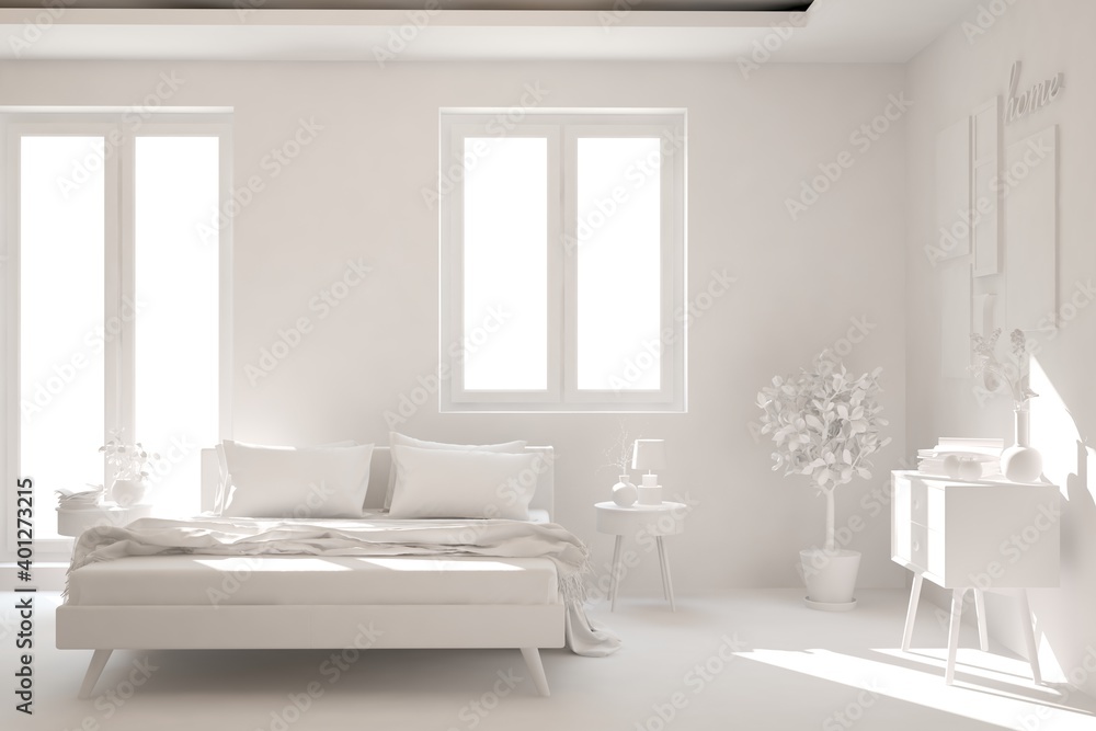 Modern bedroom in white color. Scandinavian interior design. 3D illustration