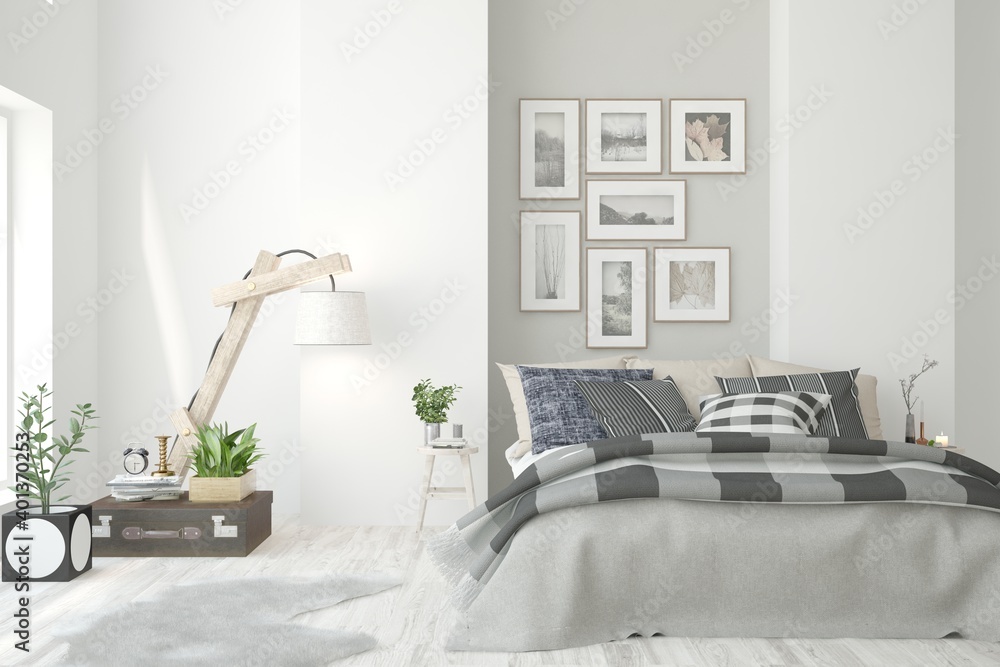 White bedroom interior. Scandinavian design. 3D illustration