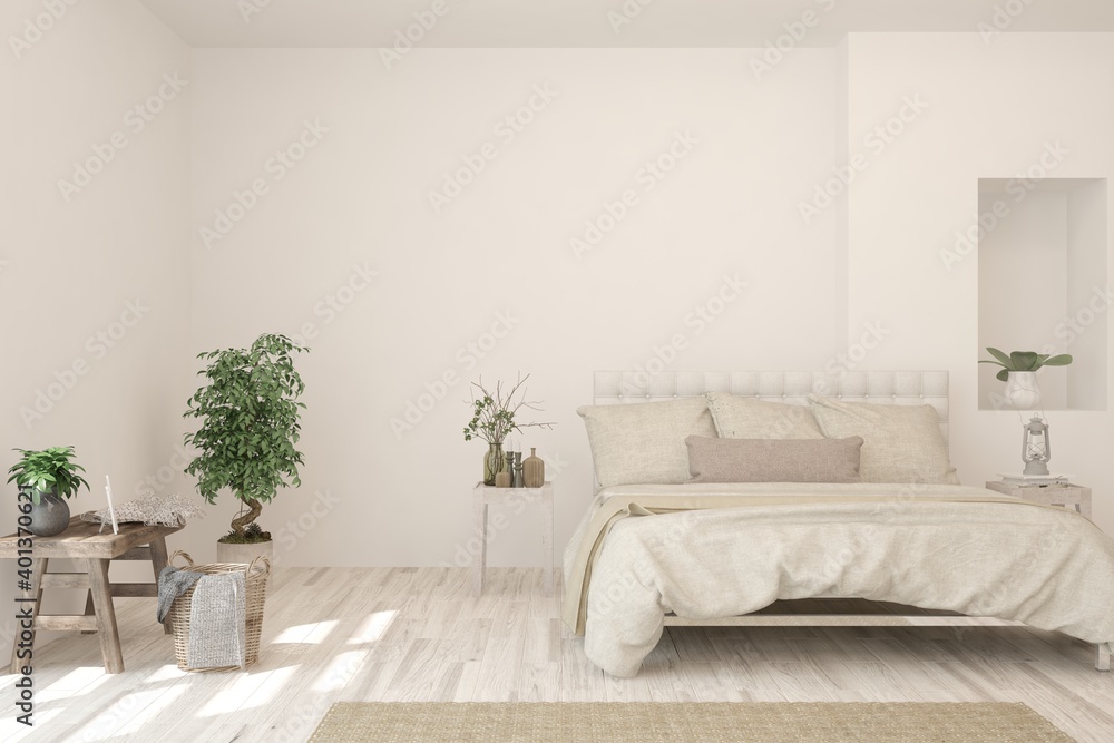 White bedroom interior. Scandinavian design. 3D illustration