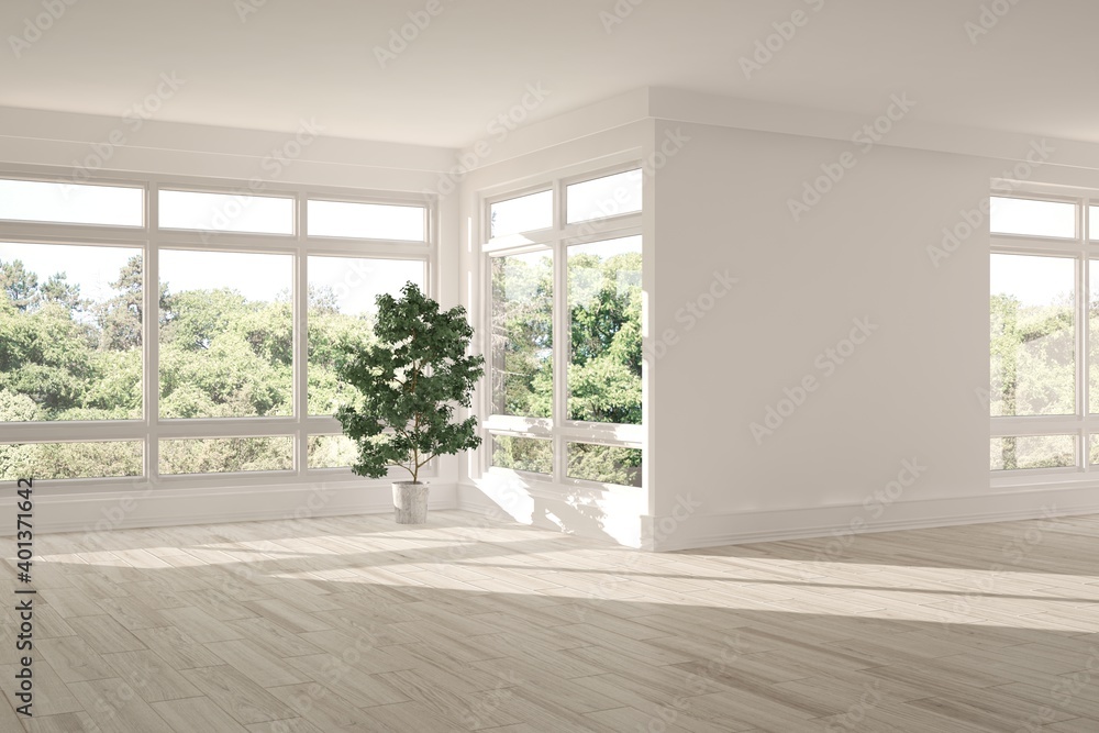 White empty room with summer landscape in window. Scandinavian interior design. 3D illustration