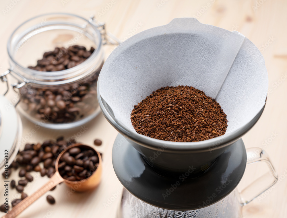 Coffee powder in a dripper