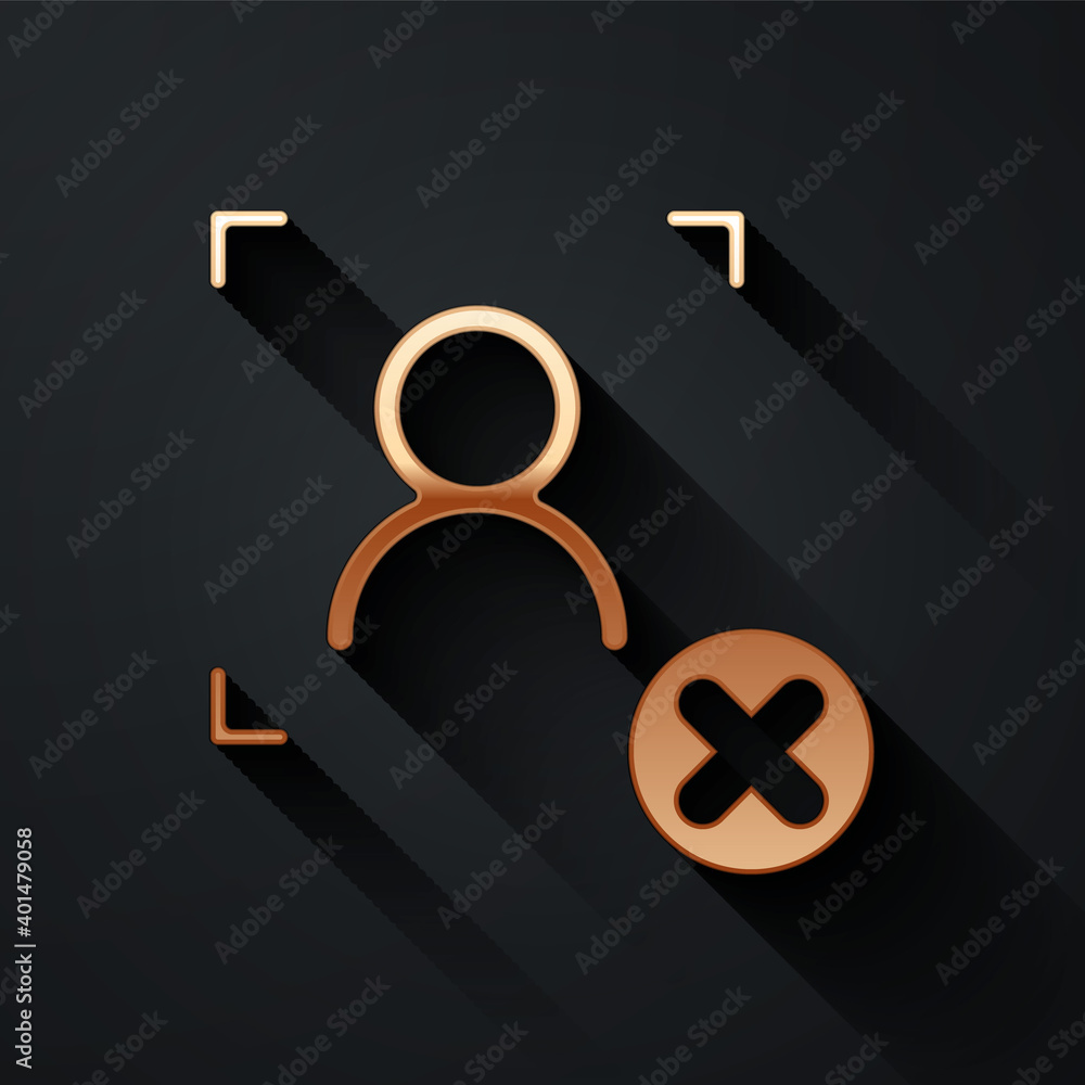 Gold Rejection face recognition icon isolated on black background. Face identification scanner icon.