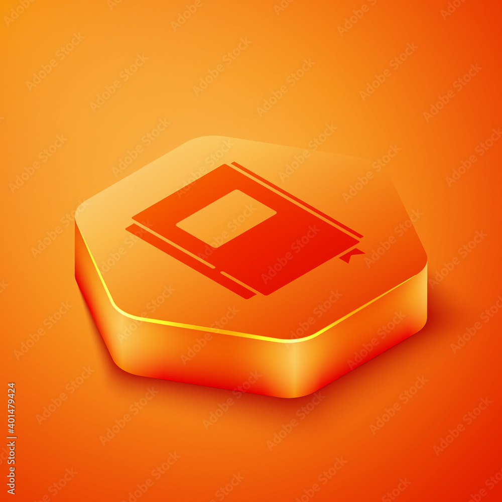 Isometric Book icon isolated on orange background. Orange hexagon button. Vector.