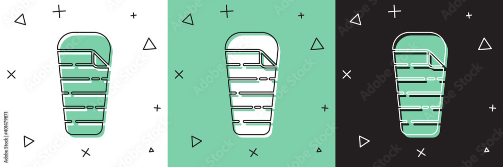 将睡袋图标隔离在白色和绿色、黑色背景上。矢量。