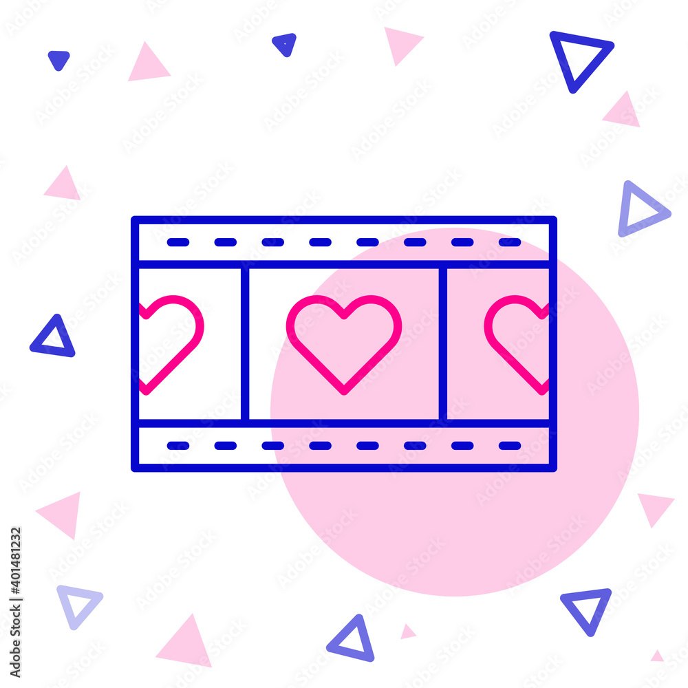 Line Play Video with heart icon isolated on white background. Film strip sign. Colorful outline conc