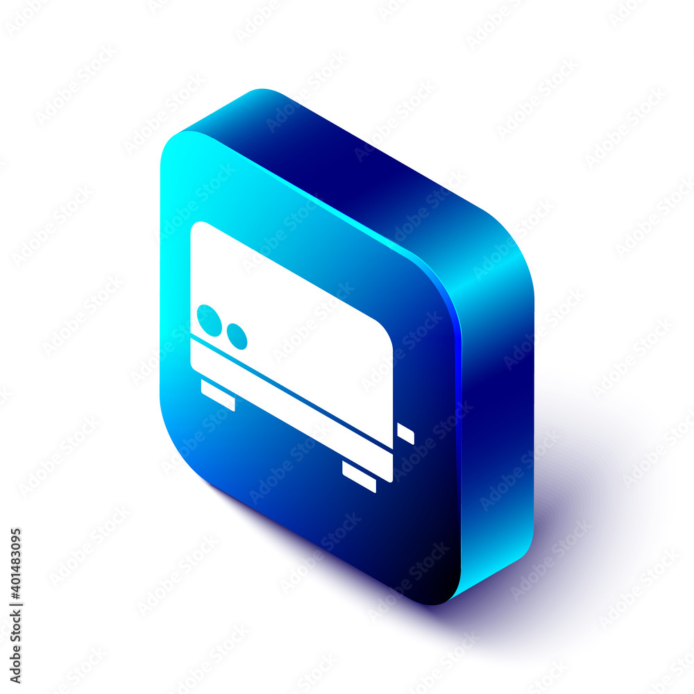 Isometric Toaster icon isolated on white background. Blue square button. Vector.