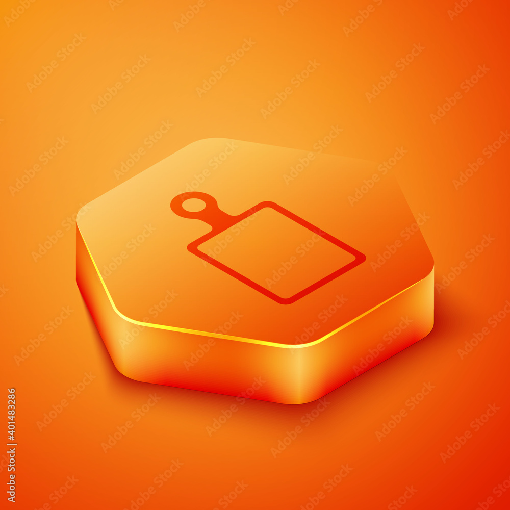 Isometric Cutting board icon isolated on orange background. Chopping Board symbol. Orange hexagon bu