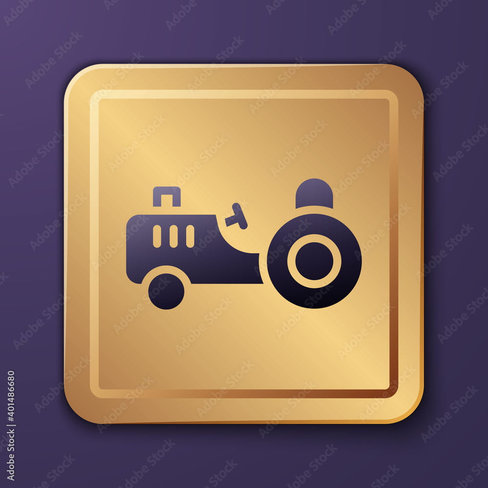 Purple Tractor icon isolated on purple background. Gold square button. Vector.