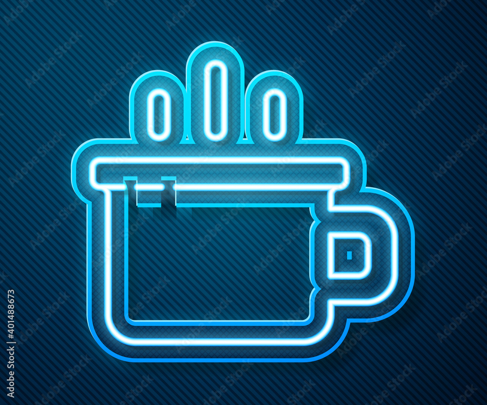 Glowing neon line Coffee cup icon isolated on blue background. Tea cup. Hot drink coffee. Vector.