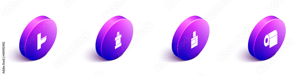 Set Isometric Toilet bowl, Bottle for cleaning agent, and paper roll icon. Vector.