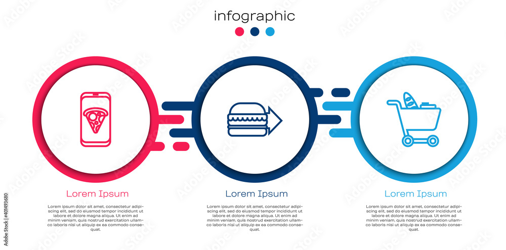 Set line Food ordering pizza, Online burger delivery and Shopping cart and food. Business infographi