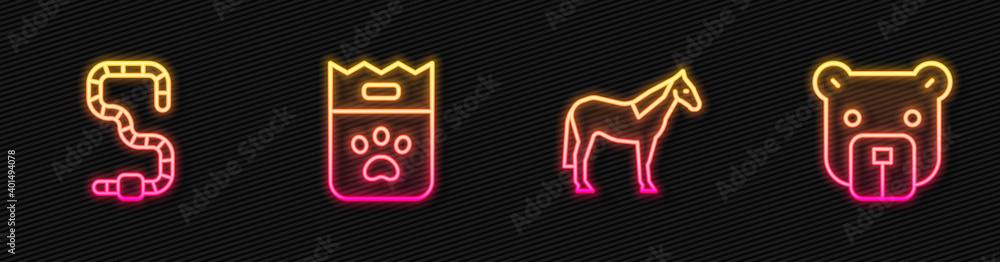 Set line Horse, Worm, Bag of food and Bear head. Glowing neon icon. Vector.