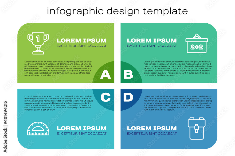 Set line Protractor，Award cup，School双肩包和黑板。商业信息图模板。Vecto