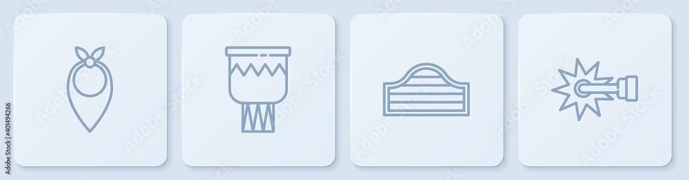 Set line Cowboy bandana, Saloon door, Drum and Spur. White square button. Vector.