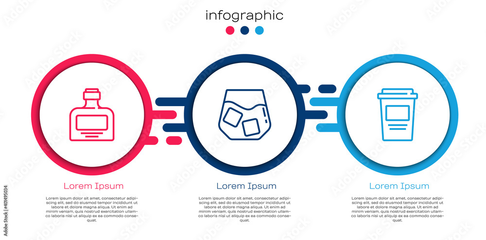 Set line Whiskey bottle, Glass of whiskey and Coffee cup to go. Business infographic template. Vecto