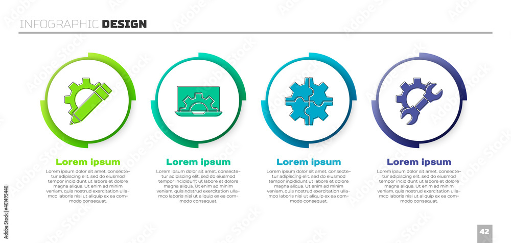 设置铅笔和齿轮，笔记本电脑和齿轮，齿轮和扳手扳手和齿轮。商业信息图模板