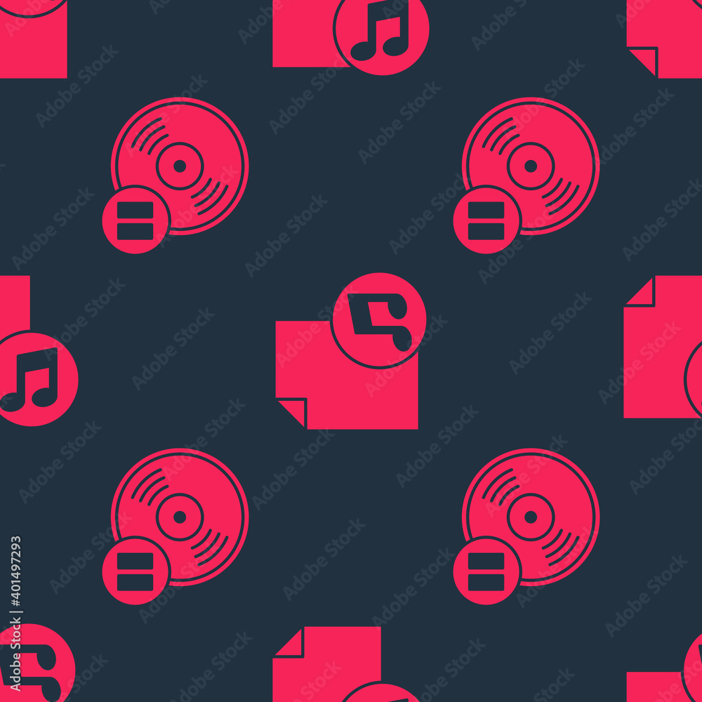 Set Vinyl disk and Music book with note on seamless pattern. Vector.