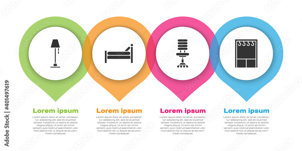 Set Floor lamp, Bed, Office chair and Wardrobe. Business infographic template. Vector.