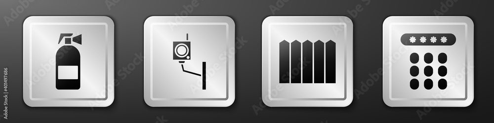 设置灭火器、安全摄像头、木制花园围栏和密码保护图标。银色平方米