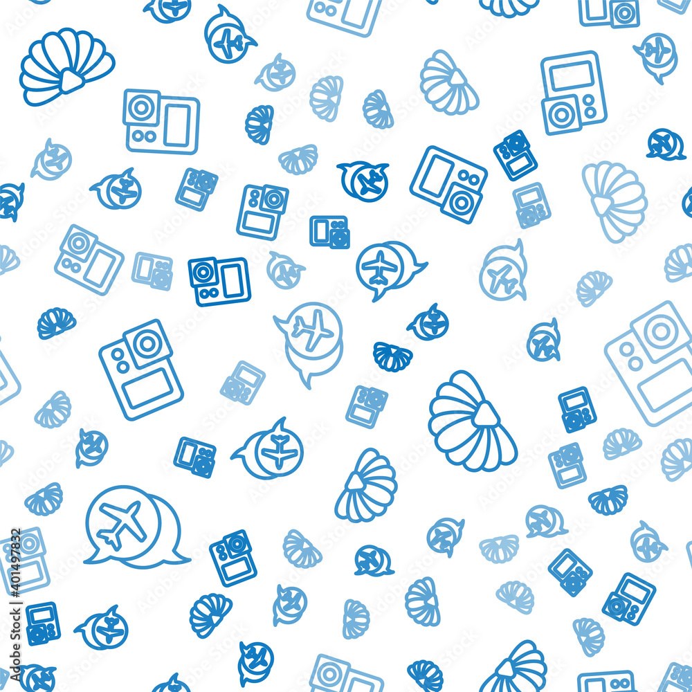 Set line Speech bubble with airplane, Scallop sea shell and Photo camera on seamless pattern. Vector