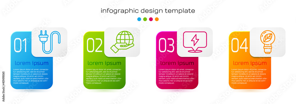 Set line Electric plug, Hand holding Earth globe, Lightning bolt and Light bulb with leaf. Business 