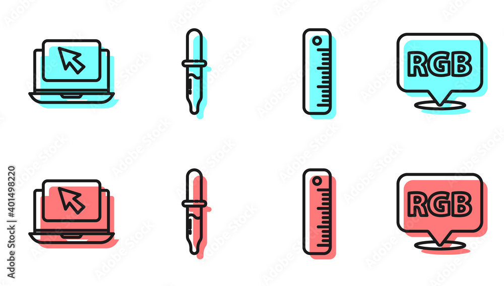 Set line Ruler, Laptop and cursor, Pipette and Speech bubble with RGB and CMYK icon. Vector.