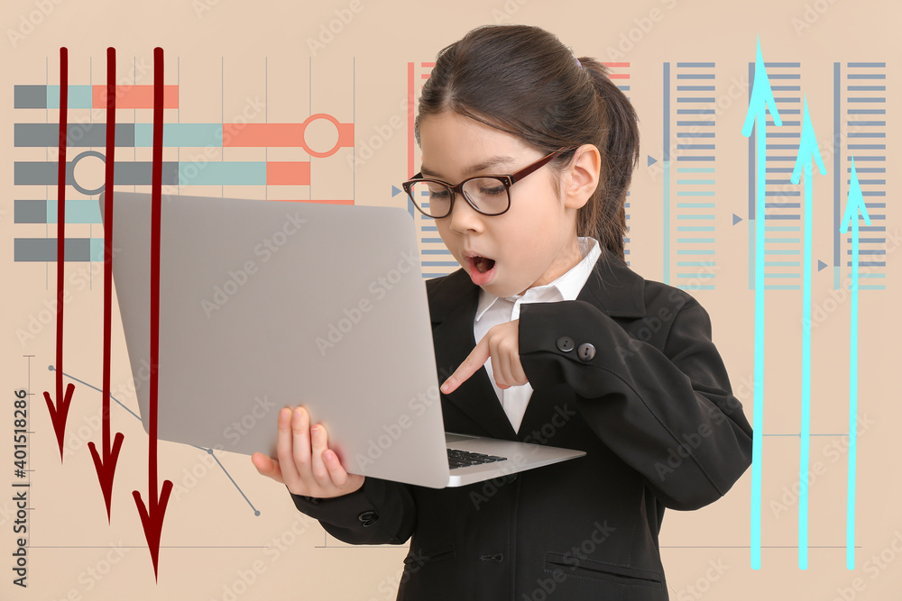 Shocked little businesswoman with laptop and diagrams on color background