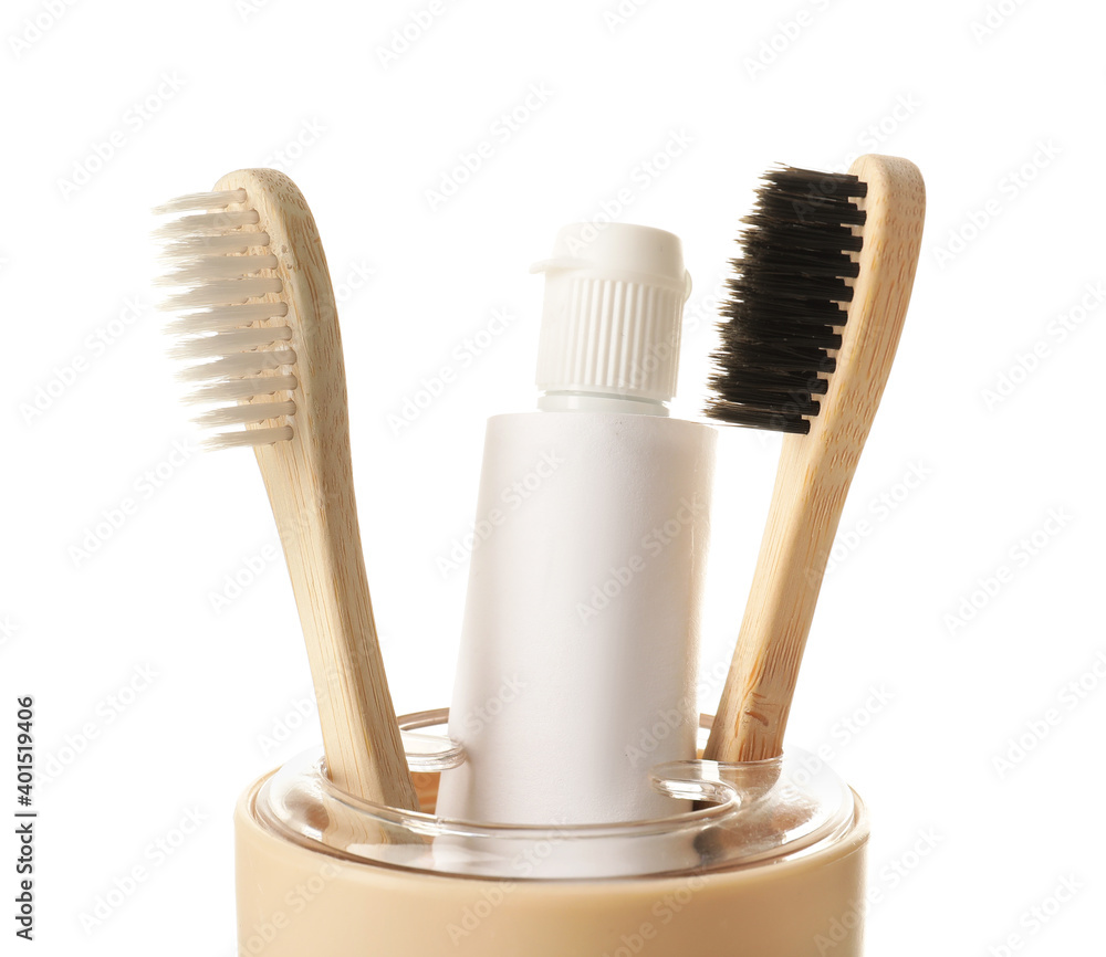 Set for oral hygiene on white background