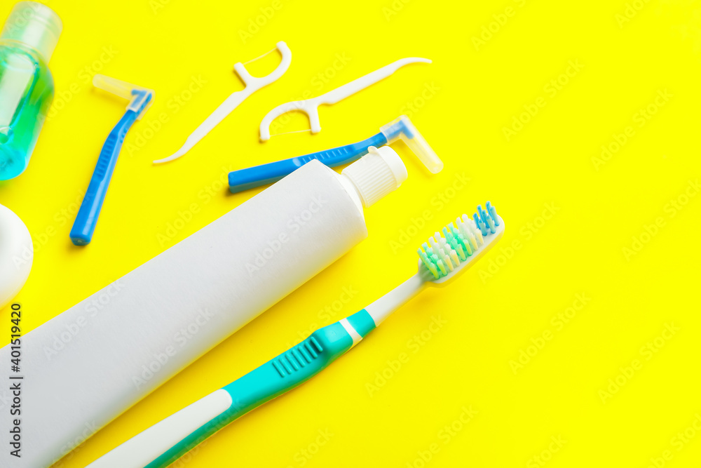 Set for oral hygiene on color background