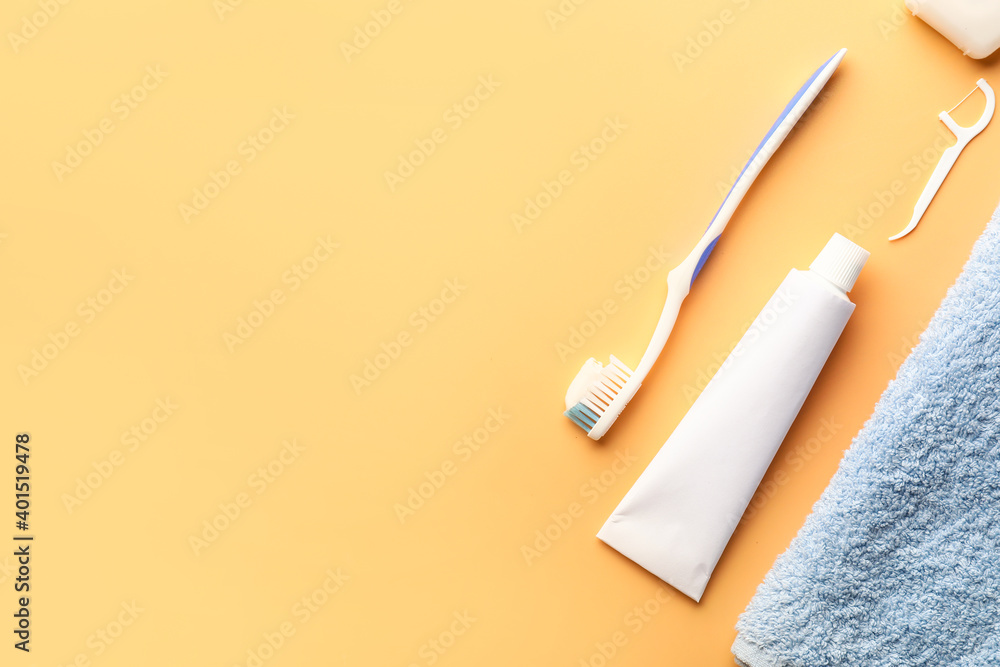 Set for oral hygiene on color background