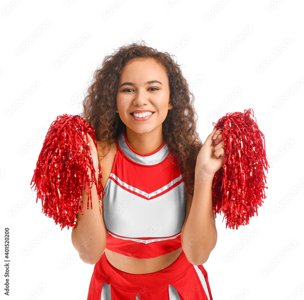 Beautiful young cheerleader on white background