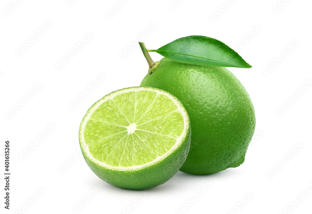 Natural green  lime with cut in half  isolated on white background.